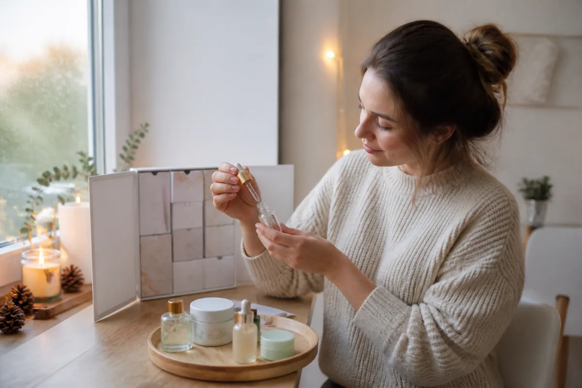 Calendrier de l'Avent sur une table de soins esthétiques avec divers produits de beauté dans une ambiance hivernale