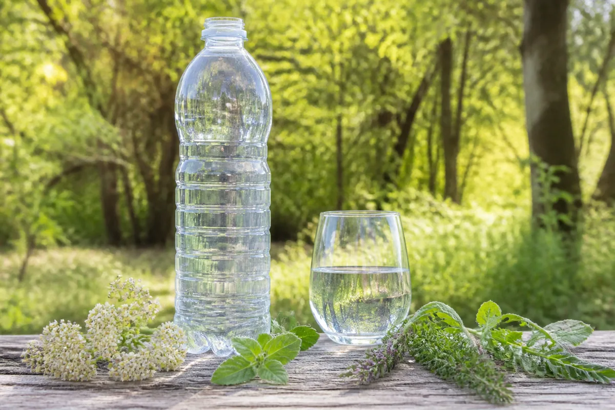 Flacon d'eau dynamisante grand format entouré de plantes médicinales, prêt pour une routine de soins du visage
