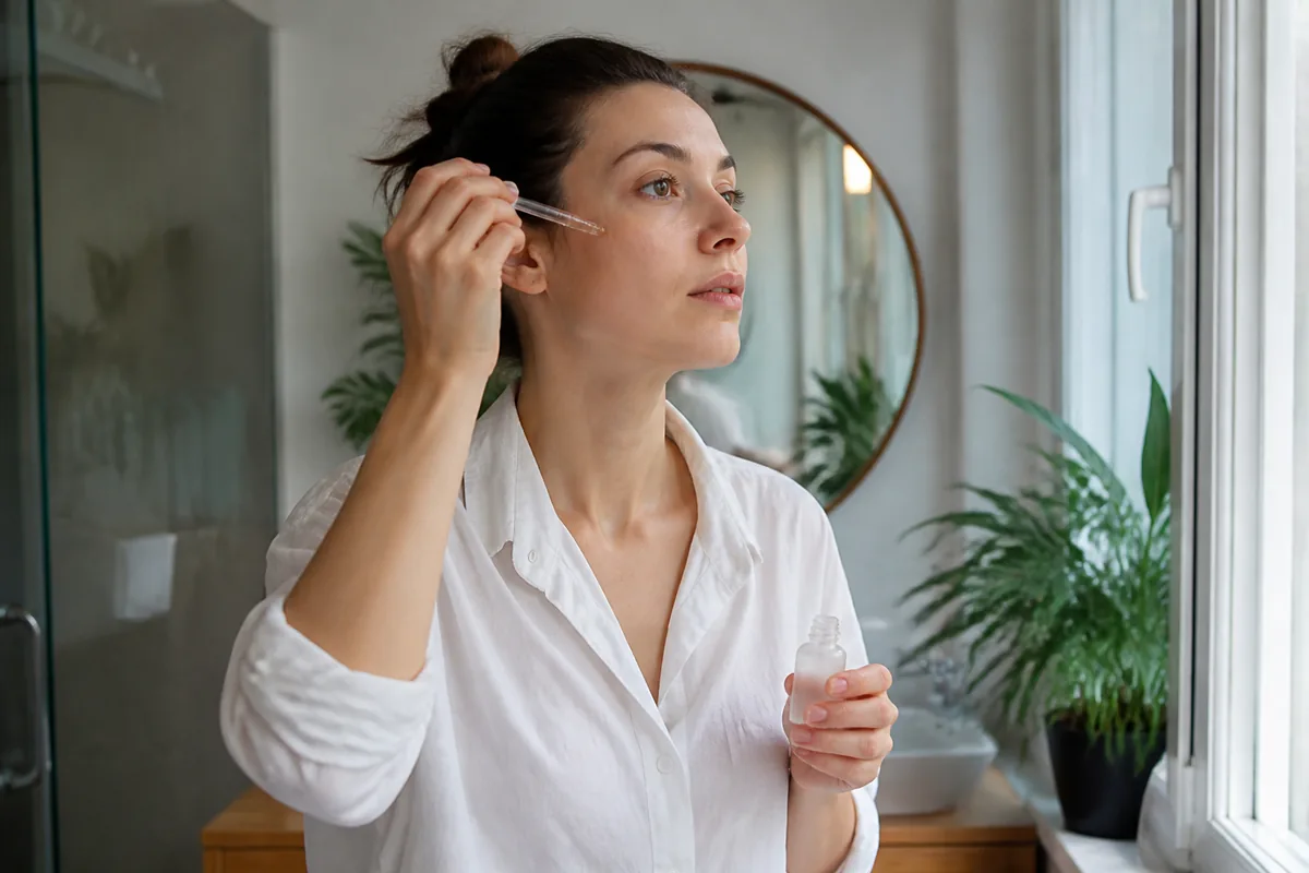 Femme appliquant un sérum sur son visage devant un miroir dans une salle de bain lumineuse