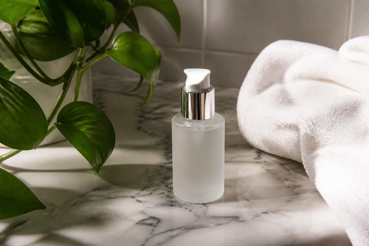 Flacon de soin anti-âge normaderm posé sur surface en marbre avec feuilles vertes et serviette